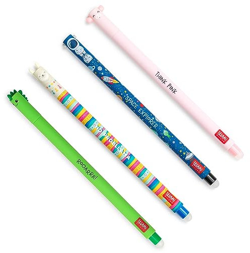 LEGAMI - Lot de 4 stylos gel effaçables, motifs Dino, Piggy, Space, Llama, avec bille sur l'extrémité pour effacer l'encre, encre thermosensible noire, bleue, verte, rose, pointe 0,7 mm
