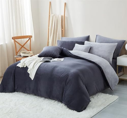 Nyescasa Winter Plüsch Bettwäsche 200x200 3Teilig Coral Fleece Flanell Dunkelgrau Grau Wendebettwäsche Cashmere Touch Bettbezug mit Reißverschluss und 2 Kissenbezug 80x80cm Doppelbett Deckenbezug