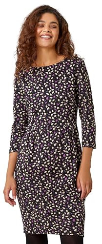 Roman Originals Shift Dress with Pockets for Women UK - Ladies Summer Autumn Winter Smart Casual Work Short 3/4 Sleeve Tunic Knee Length Pleated Gathered Waist Tea Loose - Purple - Size 12