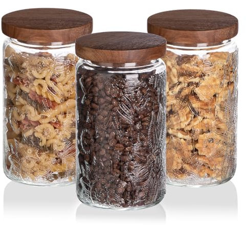 Sweejar Home Lot de 3 bocaux de rangement en verre vintage en relief avec couvercle en bois de qualité alimentaire pour grains de café, céréales, farine, épices et plus encore, 1000 ml (tournesol)