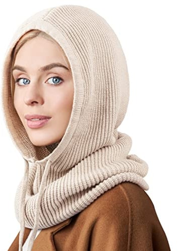 AQOKKA Knit Balaclava Hooded Scarf Hat Neck Warmer Winter Hat for Women | 1 Pc Warm Windproof Skull Cap with Drawstring Opening Size Balaclava Winter Cold Weather Hat for Women Men Outdoor Sports