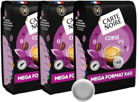 CARTE NOIRE – Café en Dosettes Souples Corsé N°7 – Pur Arabica - certifié Rainforest Alliance - 3 Paquets de 60 Dosettes – Compatibles Senseo (180 dosettes)