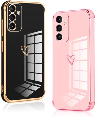 Vauki 2 Pezzi Cover per Samsung Galaxy S24 6.2, Custodia con Motivo Cuore, Antiurto Ultra Silicone TPU Morbida Case con Protezione Della Fotocamera Ragazzi e Ragazze, Nero e Rosa