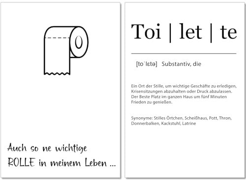 artpin® WC Deko - Badezimmer Deko Bilder - A4 schwarz weiß Wandbilder 2er Set-Toilette Definition lustige Bilder wichtige Rolle B16