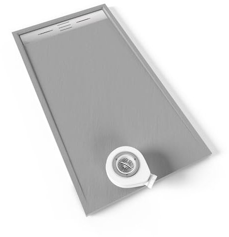 Moments of Glass SMC Duschwanne HIEMAL 80x150 cm Grau RAL7030, extra flache robuste Duschtasse aus langlebigem SMC mit ANTI-Rutsch-Oberfläche in Schieferoptik inkl. Ablaufgarnitur mit Edelstahl Deckel