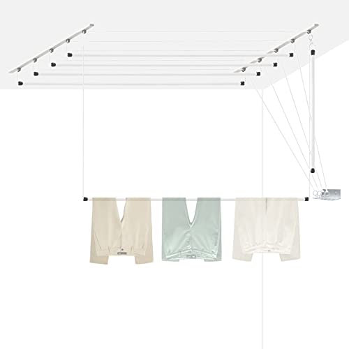 Tendedero de Techo Ceiline Manual 80x50cm. Carga 20KG. Fabricado para Durar Décadas. Sube y Baja con Poleas y Barras Anchas de Acero. para Tender Ropa y Sábanas. Hecho en España.