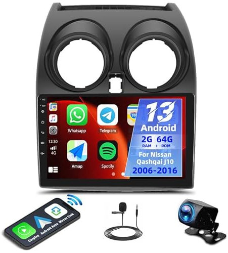 2G+64G CAMECHO Android 13 Radio de Coche para Nissan Qashqai J10 2006-2016 Inalámbrico CarPlay Android Auto, 9 Pantalla Táctil con WiFi Mirror Link GPS Bluetooth FM/RDS SWC+ CámaraTrasera+Mic