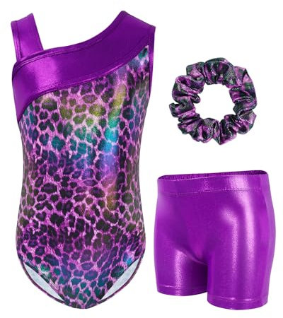 Gogokids - Set da ginnastica a tre pezzi per ragazze, body senza maniche con pantaloncini e fascia, vestito da ginnastica con design a colori scintillanti sfumati, età 3-12 anni, 120(110-120 cm,6-7Y)