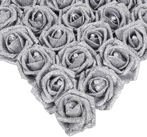 IPOPU Silberfarbene Rosen, 25 Stück Glitzer-Rosen, Blumenstrauß mit Kristall für Kuchen, Hochzeit, Blumenstrauß, Zuhause, Party-Dekoration (Silber)