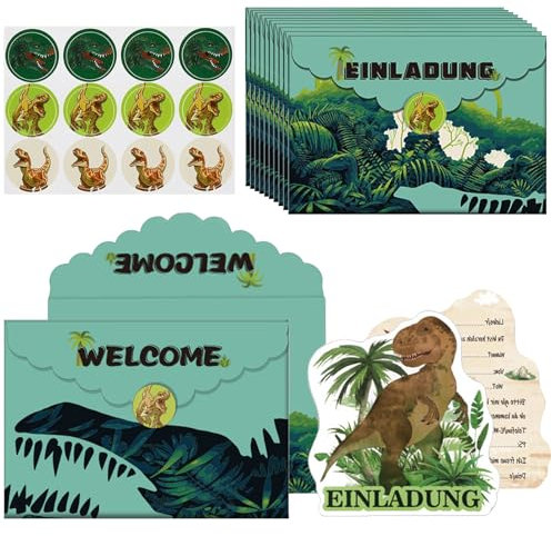 HXSYKJDM 12 Sets Dino Einladungskarten, Dino T-Rex Einladungskarten, Dinosaurier Einladungskarten Umschläge Aufkleber Set für Kinder Dino-Party
