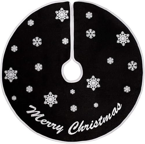 MACTING Burlap Christmas Tree Skirt, rote Jute Baumständer Abdeckung mit weißen Schneeflocken Basis für Weihnachtsbaum Dekoration (Schwarz, 61cm)