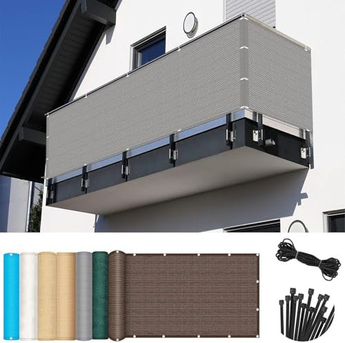 Garten Zaun Sichtschutz 115 x 910 cm Windschutz Sonnenschutz Blickdicht, Atmungsaktiv, Stabiler mit Kordel Sichtschutz für Den Balkon, für Balkon, Hellgrau