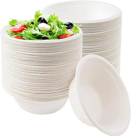 100 Pezzi Ciotole di Carta Usa e Getta, Bianco,Ciotole Monouso Bio 220 ml, Rotonde,Resistenti al Freddo e al Calore,100% Biodegradabile, Rigide in Bagassa per Insalata Picnic, Barbecue, Feste