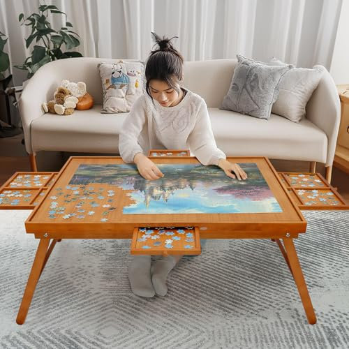 HALLYBEE Puzzle Table 1500 Pieces Wooden Puzzle Board with Legs, 34.3”x 26.5” Jigsaw Board with 4 Drawers and Cover, Foldable Leg Jigsaw Table for Adults Red Brown