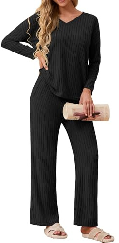 GRECERELLE Ensemble 2 pièces pour Femme Élégant Côtelé Vêtement d'intérieur Tenue d'automne Ensemble