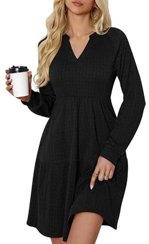 Ritiriko Damen Strickkleid Langarm V-Ausschnitt Pulloverkleid Elegant Knielang Herbstkleid Casual Gestrickt Kleid Herbst Winter A Linien mit Taschen Schwarz 2XL