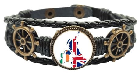 Union Jack UK Großbritannien Irland Karte Land Leder Geflochten Ozean Armband Armband, M, Metall