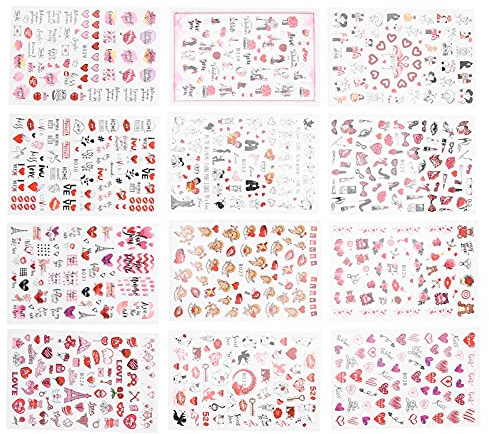 Nail Art Stickers, Nail Stickers for Nail Art 12 Sheets Nail Art Stickers Nail Design Stickers Red Lips Heart Shape Nail Decal Decoration for Women Manicure Decoration