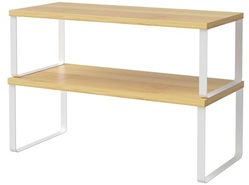 LIANTRAL Estante de armario de cocina, organizador de estante de mostrador, apilable y expandible, juego de 2, marco de bambú y metal, estantes de almacenamiento de cocina para despensa, baño, 15.6