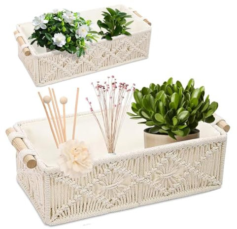 2er Makramee Aufbewahrungskörbe Dekor Box, Aufbewahrungskorb Geflochten, Boho mit Griffen, Handgemachte Gewebte Dekorative Arbeitsplatte Regal Schrank Organizer für Snacks Aufbewahren, Brotkorb (Weiß)
