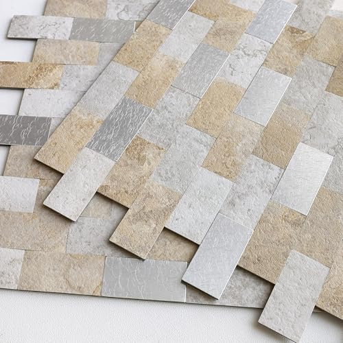 VAOVI Ziegelstein Mosaik 3D Selbstklebende Wandfliesen Aufkleber für Wand Bad WC Dusche Küche Fliesen Wandplatte Wasserdicht(10 Fliesen,Beige Grau)