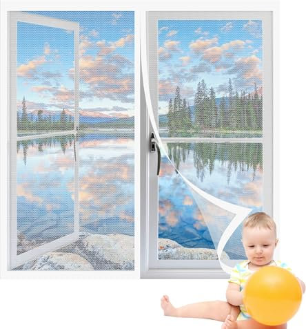 Moustiquaire Fenetre 101 x 73 cm Moustiquaire Porte Fenetre Sans Percer Adsorption Magnétique Magnétique pour Salon Cuisine Baie Vitree, Blanc