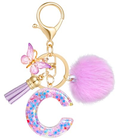 JSRQT Porte-clés Lettre Initiale en Résine, Porte-clés Alphabet Violet Flocons de Neige avec Pendentif Frange Papillon