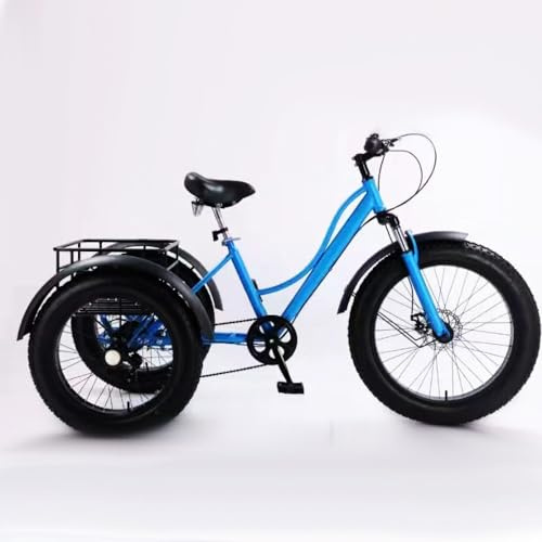 Wasd3Pods 24-Zoll-Dreirad Für Erwachsene, Cruiser-Trike Mit 7 Gängen, All-Terrain-Dreirad Mit Dicken Reifen Und Großem Korb Für Senioren, Dreiräder Für Erwachsene, Zum Einkaufen Und Picknicken,Blue