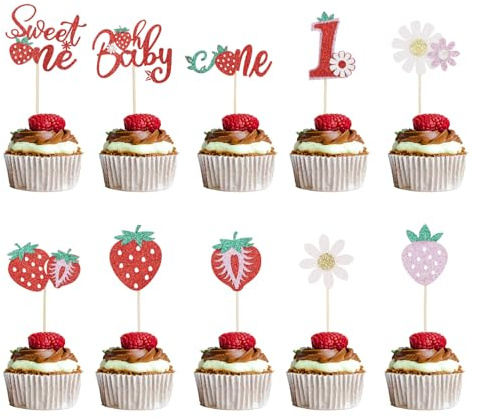 40 Pièces Sweet One Hauts-de-Cupcake à la Fraise, Haut Gâteau Brillant Berry First Birthday Décorations D'anniversaire à la Fraise pour Fournitures Fête Baby Shower