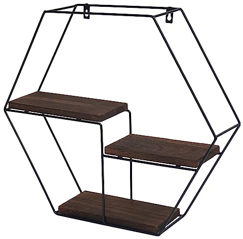Berlinlodge Wandregal sechseckig HxBxT 43x49x11cm 3 Regalböden Metall Massiv-Holz Industrial Dunkelbraun Hängeregal Schweberegal Regal schwebend Küche Wohnzimmer Schlafzimmer Deko einfache Montage