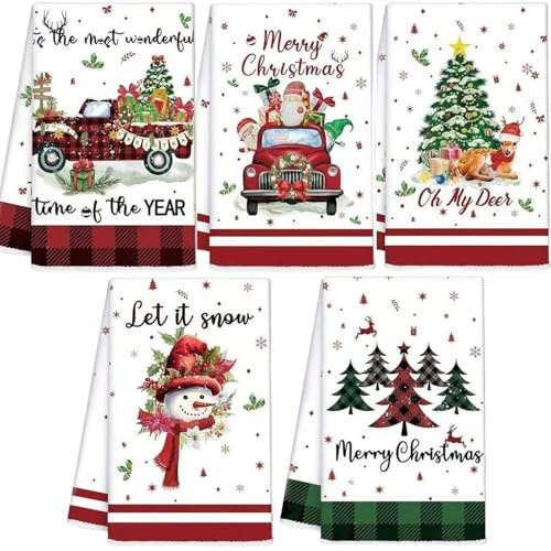 5Pcs Christmas Kitchen Towels and Dishcloths, Water Absorbent Merry Christmas Tree SnowmanTruck Santa Claus Hand Dish Tea Towels, Reusable Hand Towels Decoration for Xmas Home Gift Supplies (40x60cm)