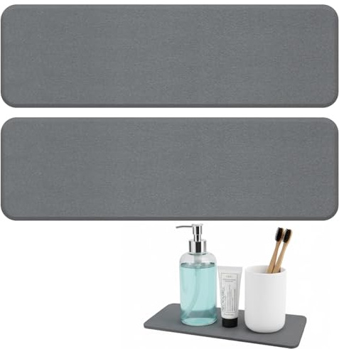 Kitchen Stone Drying Mat, 2 Pcs Water Absorbent Sink Trays, Grey | Fast drying diatomite soap dish, for bathroom vanity, kitchen and plants, modern home toiletry accessories