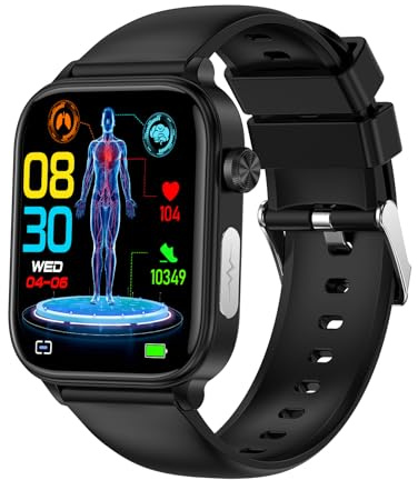 Gesundheitsuhr mit EKG & Blutdruckmessung 1,96 HD Smartwatch Herren Damen Fitnessuhr mit SpO2 Temperatur Schlaftracking Bluetooth Telefonie 100+ Sportmodi IP68 Wasserdicht für Android iOS (Schwarz)