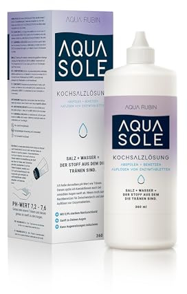 AQUA SOLE Kochsalzlösung 0,9% Natriumchlorid, Kontaktlinsen Lösung zum sanften Spülen und Benetzen, geeignet zur Auflösung von Enzymtabletten, ideal für empfindliche Augen (1x350ml)