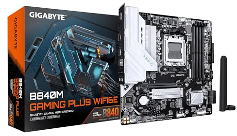 GIGABYTE B840M Gaming Plus WIFI6E Mainboard – AMD Ryzen 9000 CPUs, 8+2+2-Phasen-VRM, bis zu 8200 MHz DDR5 (O.C.), 2× PCIe-4.0-M.2, Wi-Fi 6E, 1-GbE-LAN, USB 3.2 Gen 2