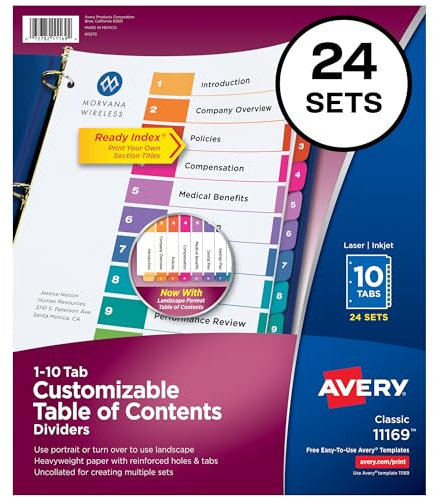 Avery 10 Registerkarten für 3-Ringordner, anpassbares Inhaltsverzeichnis, mehrfarbige Register, 24 Sets (11169)