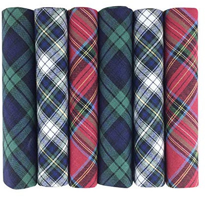 6 Pack Mens Boxed 100% Cotton Tartan Handkerchiefs, 40 x 40cm approx, Blue Green Red White