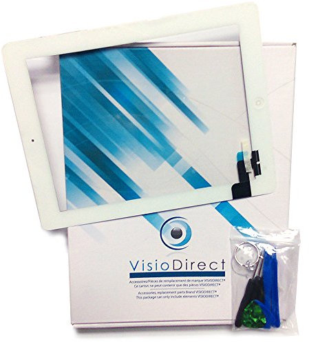 Visiodirect Vitre ecran Tactile pour iPad 2 Blanc, Bouton et adhésif pré installé + Outils