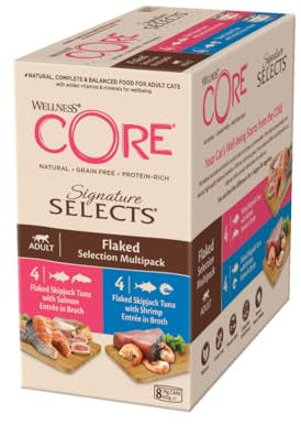 Wellness CORE Signature Selects, Flaked Selection Mix, 8 x 79 g, Nassfutter für ausgewachsene Katzen in Brühe, ohne Zuckerzusatz, getreidefrei, mit hohem Fleischanteil