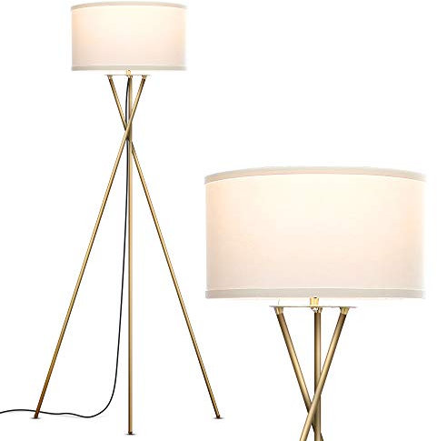 Brightech Jaxon - Mid Century Modern, Gold Tripod Floor Lamp for Living Room - Standing Light with Contemporary Drum Shade Matches Bedroom Decor, Gets Compliments - Tall Brass Lamp with LED Bulb