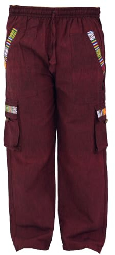 Yogahose, Goa Hose im Ethnostyle, 100% Baumwolle, Herren, schokobraun | elastischer Bund, traditionelle nepalesische Webbordüren, normaler Schnitt, leichte Qualität