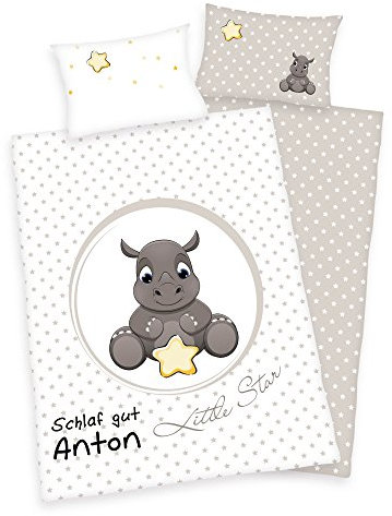 Wolimbo Baby Bettwäsche mit Namen 100x135 cm - Motiv Nashorn - für Kinder Junge und Mädchen Set