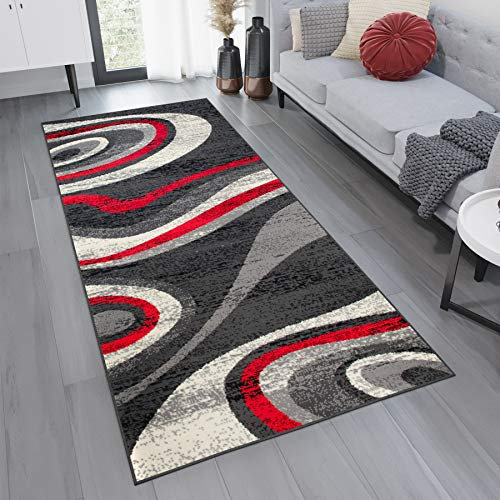 TAPISO Dream Läufer Flur Teppich Kurzflor Modern Brücke Grau Creme Rot Streifen Wellen Kreise Muster Wohnzimmer ÖKOTEX 100 x 300 cm