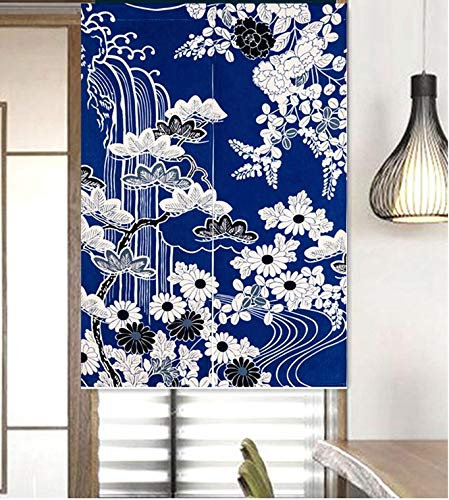 LIGICKY Japanese Noren Doorway Curtain Thick Cotton Linen Long Type Printed Door Tapestries for Home Decoration 85 x 120 cm, Blue (Chrysanthemum)