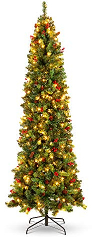 Best Choice Products 6ft Pre-Lit Spruce Pencil Christmas Tree Pre-Decorated for Home, Office, Party, Holiday Decoration w/ 618 Tips, 250 Lights, Pine Cones, Metal Hinges & Base - Green