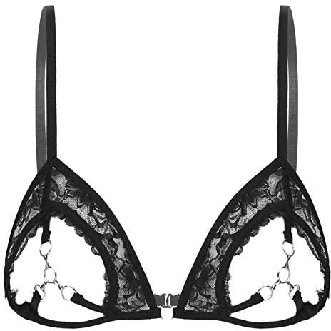 FEESHOW Womens Floral Lace Open Nipple Bra Bare Exposed Breast 1/2 Cups Wire-Free Triangle Bralette Black L