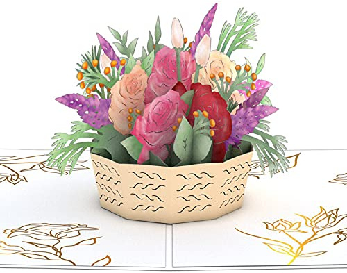 Lovepop® Rosa Blumenkorb 3D Pop-Up Karte mit Goldeffekten zu Ostern, Frauentag, Valentinstag, Geburtstag, Muttertag | inkl. Umschlag & Versteckfach für Geld & Gutscheine