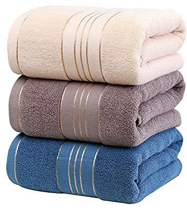 Hotgreenpepper 3 Serviette de Bain Drap de Bain en 100% Coton, Grande Taille Douce Luxe et Très Absorbant, pour Douche Natation Salle de Bains Hôtel Voyage (70x140CM, Bleu+Gris+Beige)
