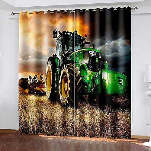 LWXBJX Gardinen Blickdicht für Schlafzimmer Wohnzimmer - Grün Traktor Bauernhof - 3D Druckmuster Öse Thermisch isoliert - 264 x 240 cm - 90% Blickdicht Vorhang für Kinder Jungen Mädchen Spielzimmer