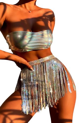 Rave Outfits fr Damen, 3-teiliges Bikini-Set Quasten Rock Metallic-Badeanzug Holografisches Bandeau-